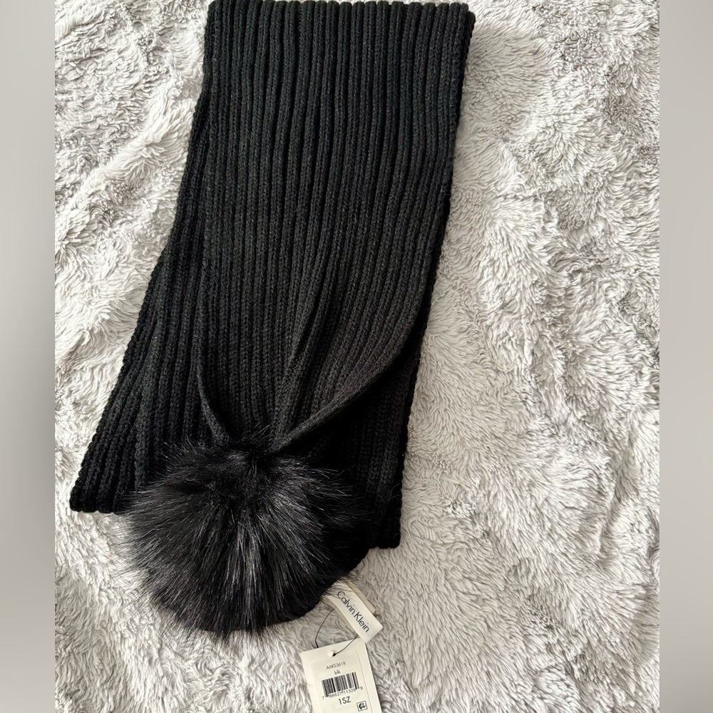 Calvin Klein Black Ribbed Scarf with Faux Fur Pom